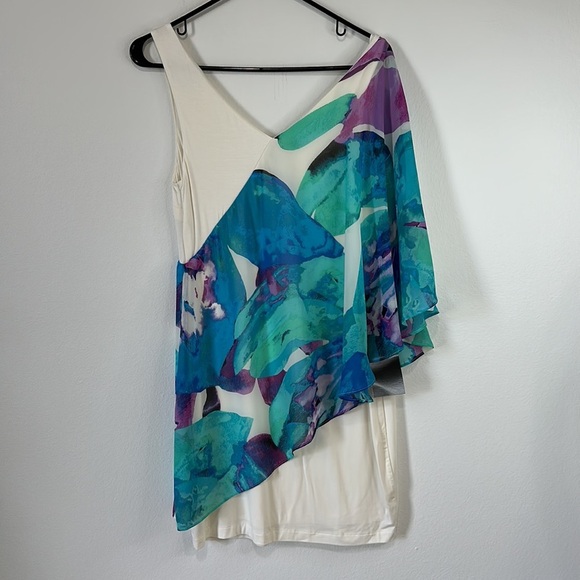 Bebe White Mini Dress with One Shoulder Asymmetric Sheer Printed Draped Cover -M - Picture 5 of 8